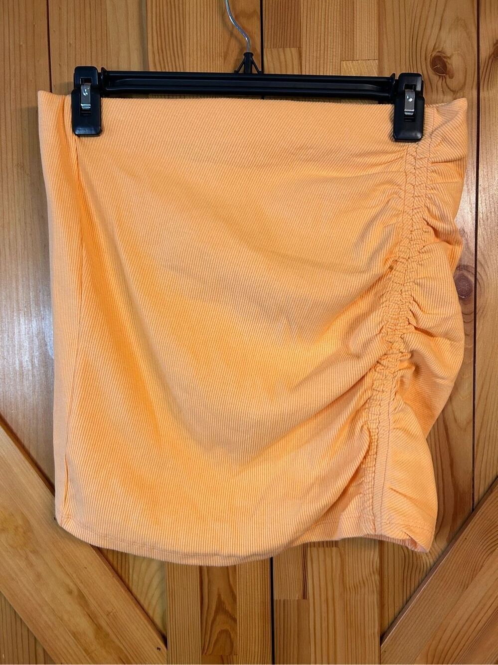 Zara High Waisted Ruched Rib Mini Peach/Orange Stretchy Skirt Size Large nwt (09